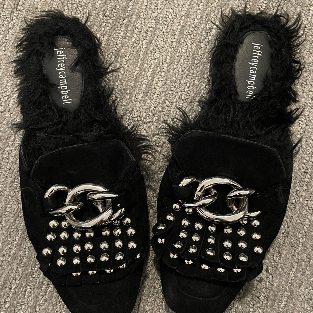 Jeffrey Campbell Silver Studded with Chain Mules/Loafers EUC